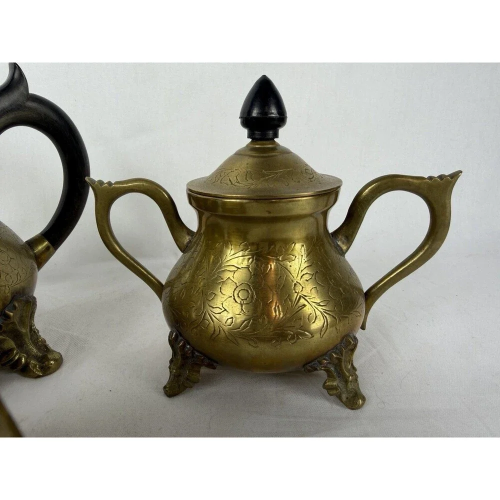 Vintage Brass Tea Set Teapot Creamer Sugar Bowl Detailed Floral Etching